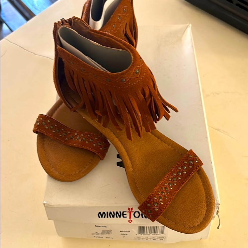 Minnetonka Tan Fringe Sandals with Ankle Strap